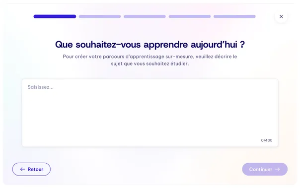 Écran de création d’un parcours : « Que souhaitez-vous apprendre aujourd’hui ? »