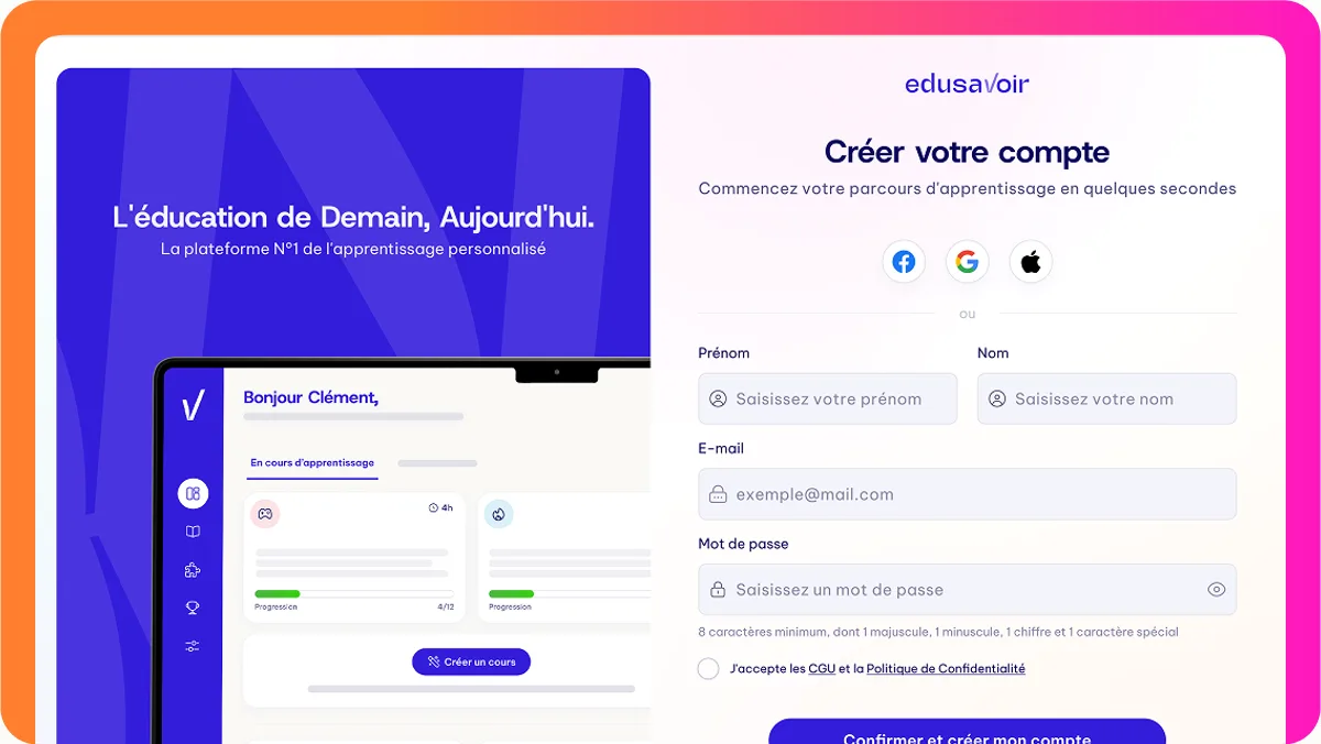 La création de compte EduSavoir : Facebook, Google, Apple ou e-mail.