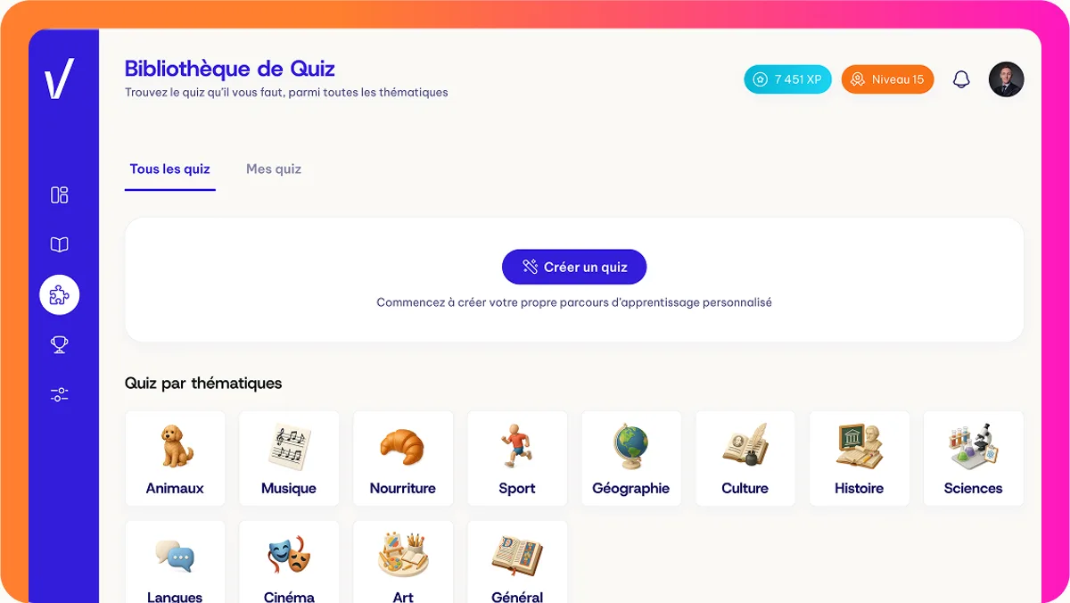 La bibliothèque de quiz, par thématiques, pour valider ses acquis.