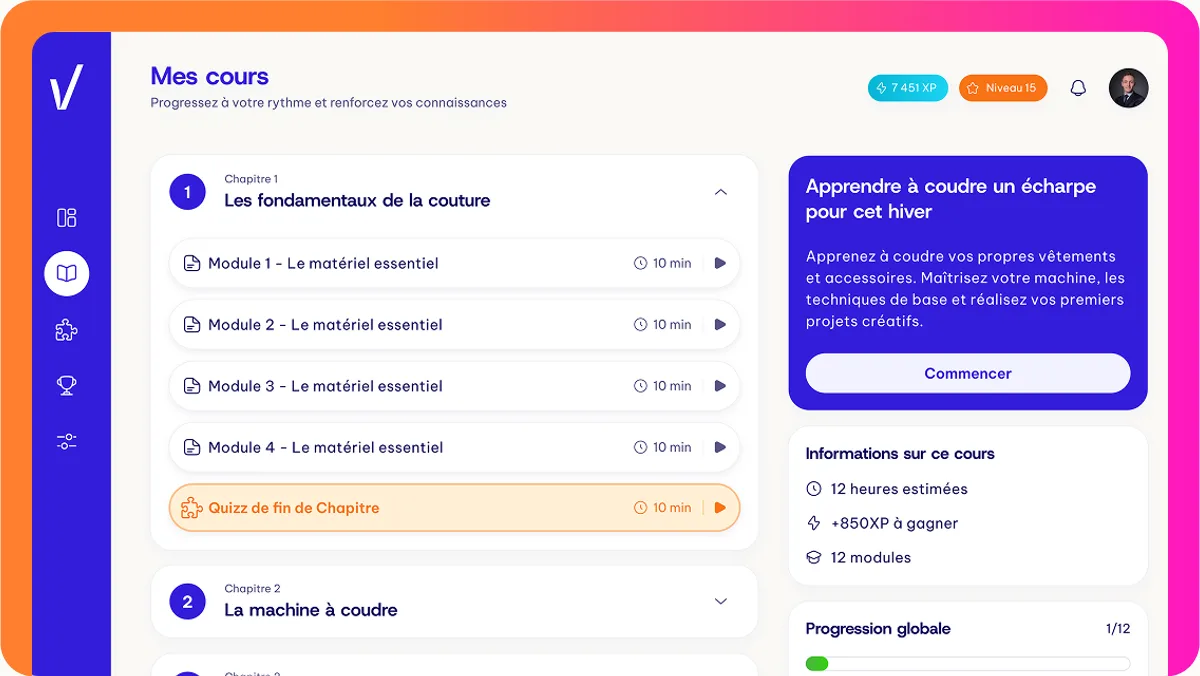 Le plan du cours : chapitres, modules et quiz de fin de chapitre.